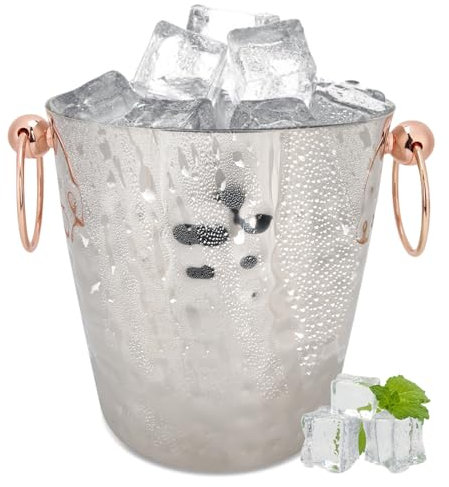 Secchiello Ghiaccio in Acciaio Inossidabile, 3L Portaghiaccio dello Champagne con La Maniglia, Portatile del Contenitore del Refrigeratore, Elegante Finitura Martellata