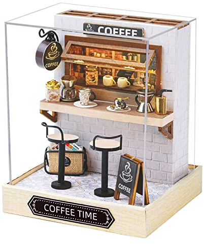 CUTEROOM DIY Miniatur Puppenhaus Kit mit Staubschutz, 3D Holz Puppenhaus zum Bauen für Teenager Erwachsene - Geburtstagsgeschenk (Kaffee)