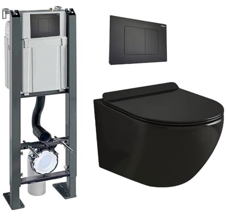 WIRQUIN PRO- Pack Complet WC Sans Bride + Cuvette Suspendu Sans Bride + Plaque DESIGN - Toilette Design Moderne - Cuvette Céramique (Bâti chrono autoportant, Plaque noir mat soft touch)
