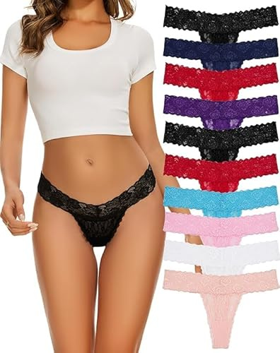 Evolyline Tanga dam, stringtrosa med spets, stringtrosor och stringtrosor för kvinnor, sexigt set, bomull, kalsonger, flerpack, spets, underkläder för kvinnor, Flerfärgad 3-10-pack, L