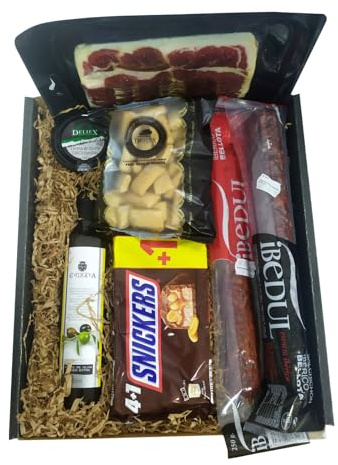 Deliex delicias de Extremadura. Cesta regalo gourmet con aceite, paleta, ibéricos, crema de queso, chocolatinas snikers, lote delicatessen para regalar