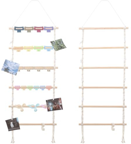 Heliltd Makramee-Haarklammer-Organizer, 6-reihig, hängende Haarspangenhalter für Mädchen und Frauen, Boho-Stil, Wand-/Türdekoration (inklusive 10 Clips und 10 Haken)