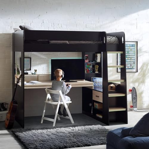 Julian Bowen Blaze High Sleeper Bed, Single, Black & Pale Wood -H178xW141cm | Modern Kids Bed with Desk, 90cm/3ft, Storage Drawers & Built-In Ladder, Space-Saving Bed, Ideal for Smaller Spaces