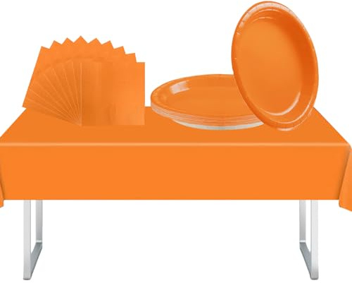 Ensemble de vaisselle de fête orange 37 pièces avec nappes en plastique, assiettes en papier et serviettes pour décorations, Halloween, Thanksgiving, Noël, anniversaire