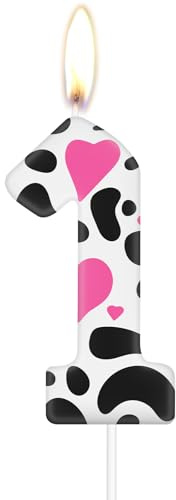 mciskin Velas de primer cumpleaños con estampado de vaca, vela con el número 1 de corazón rosa para pasteles, decoraciones de fiesta de vaqueras, temática de animales de granja para niñas y niños