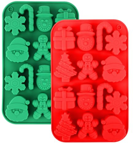 2 St Weihnachts-Silikon-Schokoladenformen, Weihnachts-Süßigkeiten-Backformen mit Süßer 3D-Schneeflocke Zuckerstange Schneemann Lebkuchenmann Feiertags-Süßigkeitenformen zum Selbstbacken