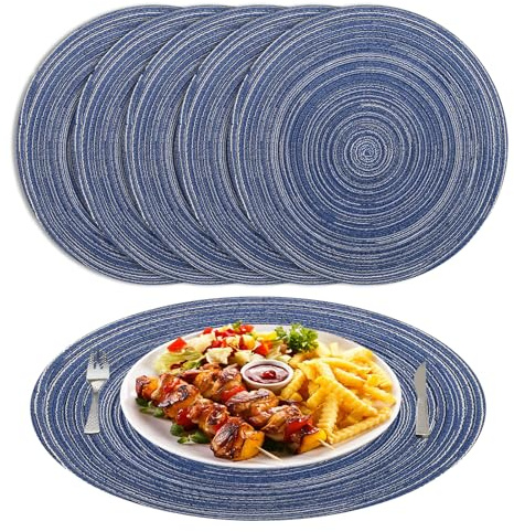 NAKIHOUSE Set di 6 tovagliette rotonde, lavabili, intrecciate, 38 cm, antiscivolo, resistenti al calore, resistenti allo sporco, blu, per matrimonio, ristorante, cucina