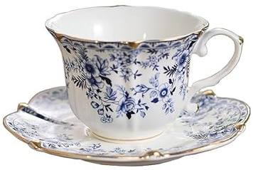 FUENYEJIA 200ML English Porcelain　Ceramic Coffee Cup, European-Style Patterned Tea Cup and Saucer Set, Retro Luxury Gold-Trimmed Afternoon Tea Cup (Blue and White)