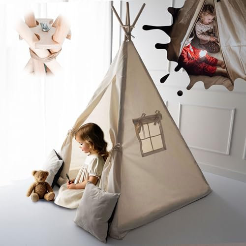 PaLulli® Tipi Zelt für Kinder aus 100% Baumwolle mit Kuschelmatte, Anti-Kollaps-System [Stabil], Camping-Hängelampe & 2 Dekokissen, Tippi Kinderzelt Teepee Spielzelt (Beige)