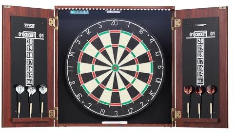 VEVOR Officiell storlek darttavla och skåp set, redo att spela, med stålspets, har LED-ljus, enkel montering, alla tillbehör, för cricketspel, 45 x 3,8 cm, svart, 630 x 540 x 110 mm, Uppgradera ditt