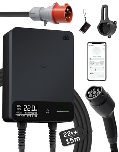 dé Wallbox 22kW mit APP 15m Typ 2, EV Ladestation 3-Phasen 6-32A RFID | Mit LCD, Kabelhalter, IP54-Schutz und RCD Type A 30mA AC + 6mA DC, EV-Ladegerät Typ 2 für BEV/PHEV, Schwarz