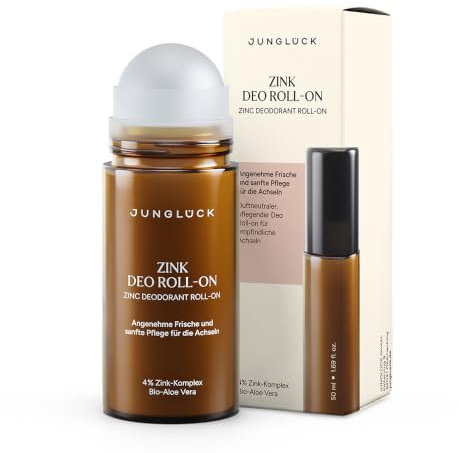 JUNGLÜCK Zink Deo Roll-On – ohne Aluminium & Alkohol, ohne Duft | 4% Zink-Komplex hemmt Geruchsbildung, pflegt empfindliche Achseln ohne Austrocknen, 75ml – Vegan