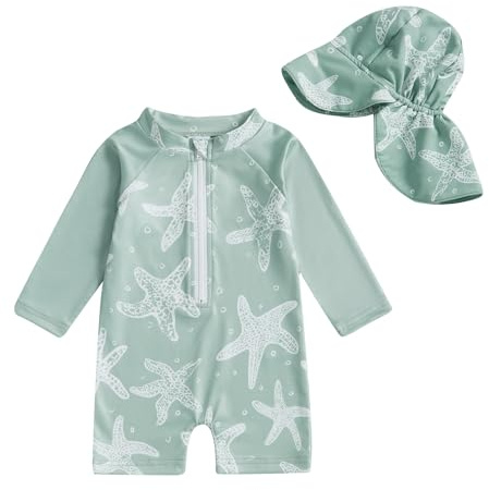 Yoolhamy Baby Badeanzug Junge Einteiliger Badebekleidung UV Schutz Schwimmanzug Langarm mit Sonnenhut