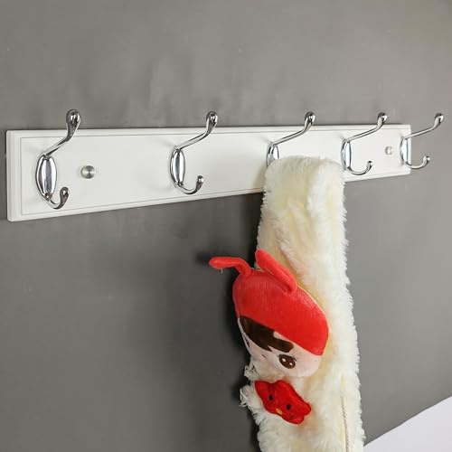 lomejii Lång trävägggarderob med 5 silverkrokar, 55 cm, stark kroklist för kappa, hatt, väska, stor modern garderoblist för entrén hall sovrum, vit garderob