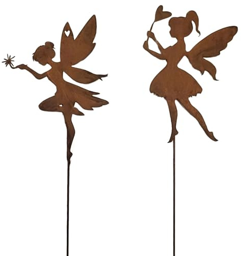 Storm's Gartenzaubereien Gartenstecker Edelrost - 2 tanzende Elfen Feen mit Blume Herz 80cm, Beetstecker Edelrost Elfenfigur, Rostige Feenfigur aus Metall