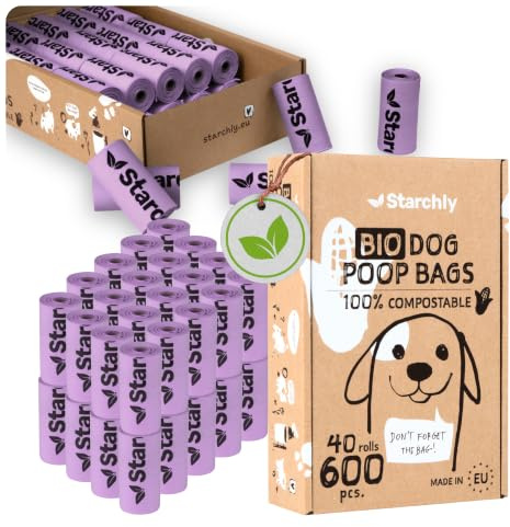 Starchly 600 Stück Hundekotbeutel biologisch abbaubar - 40 Rollen Kotbeutel für Hunde - Bio, Kompostierbare Beutel aus Maisstärke - 15 pro Rolle - Reißfest, Auslaufsicher, lila - MADE IN EU