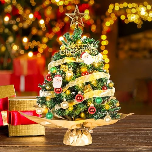 45cm Tabletop Artificial Christmas Tree, Xmas Tree Tabletop, with Tree Top Star Christmas Baubles Santa Claus Pinecones, for Christmas Party Desktop Decoration