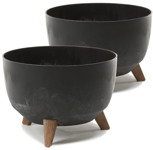 Tymar Übertöpf groß mit Füßen, Blumenübertopf für draussen, Blumentopf groß, Schale für solarbrunnen, terrassenkübel rund_Roma ((2pack) Beton Schwarz; ø 47 cm)