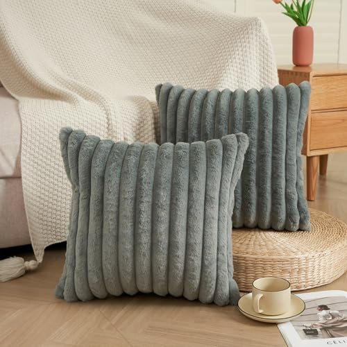 EASE LEAP Grey Cushion Covers 45 x 45 Fluffy Faux Fur Set of 2 Throw Pillow Covers Soft Plush Pillowcases for Sofa Bed Modern Style Home Decor Fluffy Striped Cushion Cover 18x18 Inches