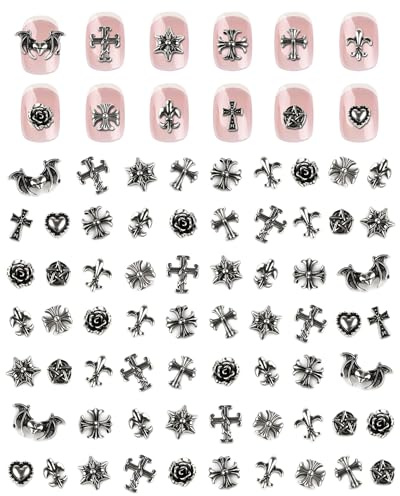 lulir 120 PCS Bijoux Ongles Nail Art Goth, Argent Deco Ongle Nail Art, Métal Croix Punk Vintage Gothique Decoration 3D, Charms Ongles pour Halloween,Manucure,DIY,Salons,Fêtes