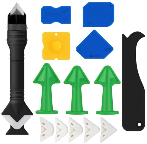 THQAE 14 Pièces Kit de Calfeutrage en Silicone 3 en 1, Outil de Calfeutrage, Grattoir à Coulis, Lisseur de Joints en Silicone pour Cuisine, Salle de Bain, Évier et Joints de Fenêtres