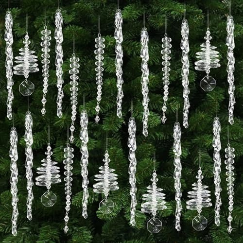 24 Pcs Christmas Tree Decoration Crystal Ornaments,3 Styles Clear Acrylic Icicle Hanging Ornaments for Christmas Tree and Fireplace Winter New Year Party Supplies