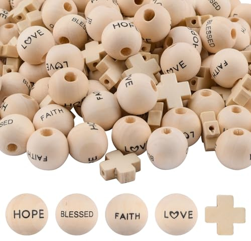 WANDIC 150 Stück Wörterperlen, christliches Holzkreuz-Rosenkranz-Set, Liebe, Hoffnung, gesegneter Glaube, Buchstabenperlen für Zuhause, Wanddekoration, zum Aufhängen, Basteln