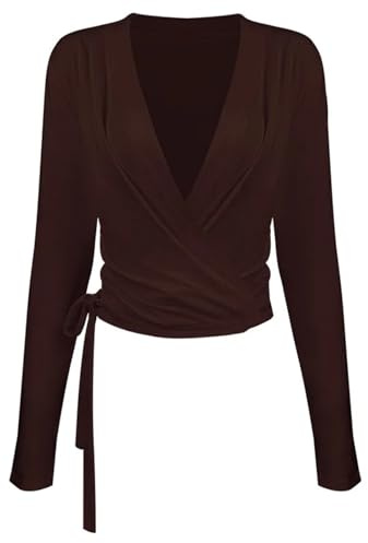 OPIGJUFD Maglia Avvolgente a Fascia Incrociata Magliette a Maniche Lunghe con Spalline Incrociate for Yoga, Pilates, Corsa, Sport all'Aria Aperta, Traspiranti e morbide per Yoga(Dark Brown,S/M)