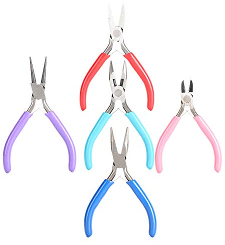 ASHATA Mini Pliers for Jewelry Making Beading Tool Set, 5pcs Pincers with Flat Nose Round Nose Diagonal Wire Cutter, Lightweight Hand Tools with Double Leaf Spring Soft Handle