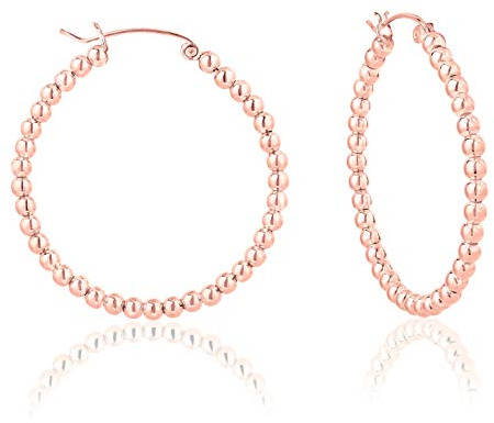 DTPsilver 925 Sterling Silver 18K Rose Gold Plated MEDIUM/LARGE Creole/Hoops Earrings with Balls - Thickness 3 mm - Outer Diameter: 40 mm