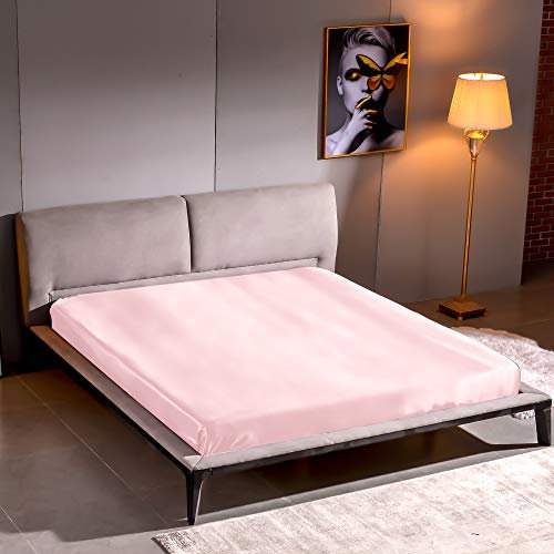 THXSILK Spannbettlaken Seide Bettlaken 140x200, 100% Reine 22 Momme Maulbeerseide Bettwäsche Spannbetttuch, Bezauberndes Rosa Seiden Bettlaken für Standardmatratze 30cm