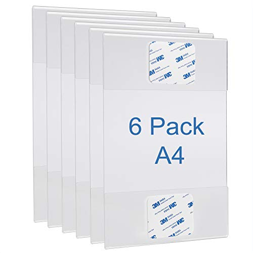 Acryl-Schilderhalter A4, transparent, selbstklebend, doppelseitig, für Wand, Tür, Glas, Geschäft, Büro, Zuhause, Restaurant, 6 Stück