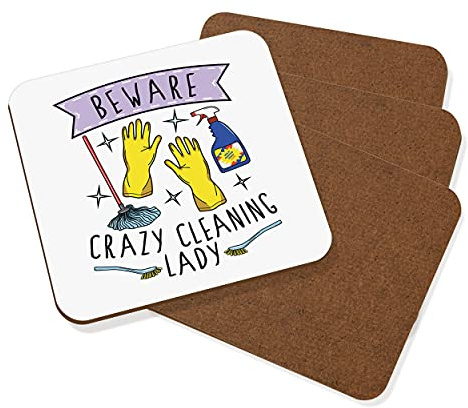 Beware Crazy Cleaning Lady Coaster Drinks Mat Set Of 4
