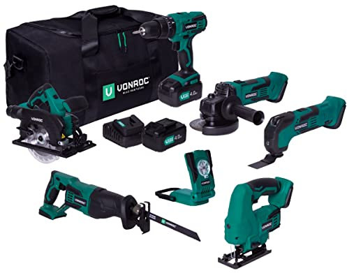 VONROC Werkzeugsatz/Maschinen-set VPower 20V – Werkzeugtasche inkl.: Akkuschlagbohrer, Multiwerkzeug, Stichsäge, Kreissäge, Säbelsäge, Arbeitsleuchte 2 x 4.0Ah Akku und Schnellladegerät
