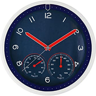 MPM Quality Horloge Murale Design en Plastique Bleu, Moteur Pas à Pas à Quartz, hygromètre, thermomètre, Affichage de la température et de l'humidité, Cadran Original, ∅ 314 x 45 mm, E01.3084.30