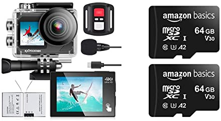 Exprotrek Action Cam,4K 30fps Ultra HD, 30m 100Fuß wasserdichte Unterwasserkamera & Amazon Basics - MicroSDXC, 64 GB, mit SD-Adapter,Schwarz, A2, U3, lesegeschwindigkeit von bis zu 100 Mbit/sc