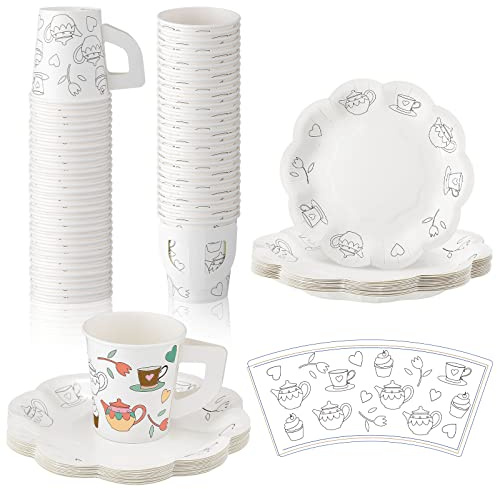 Nuenen 36 Set Color Your Own Tea Party Paper Cups with Handles Disposable Tea Cups and Saucers Plates DIY Coloring Activity Crafts for Kids Birthday Party