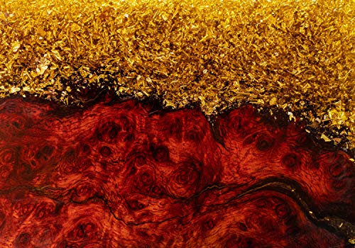wandmotiv24 Fototapete Holz Harz Blattgold, 200 x 140cm - selbstklebende Strukturtapete, Wanddeko, Wandbild, Wandtapete, gold Holzbrett rot Epoxidharz M6675