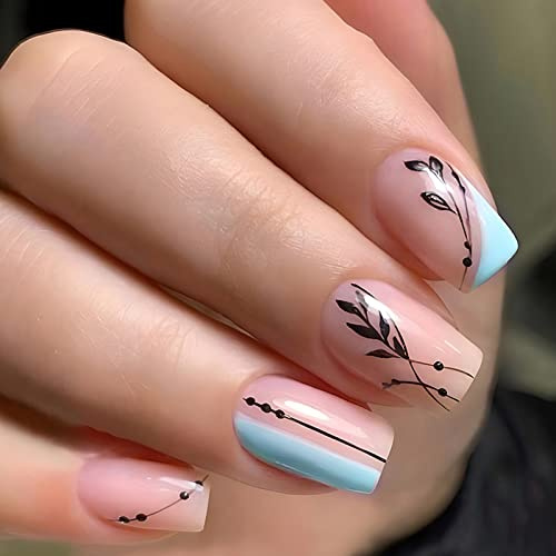 AKOFIC 24 Stück Press on Nails Kurz Sarg, French Acryl Künstliche Nägel, Nägel Zum Aufkleben mit Jelly Nagelkleber, Blattdruck Ballerina Fake Nails für Frauen Mädchen