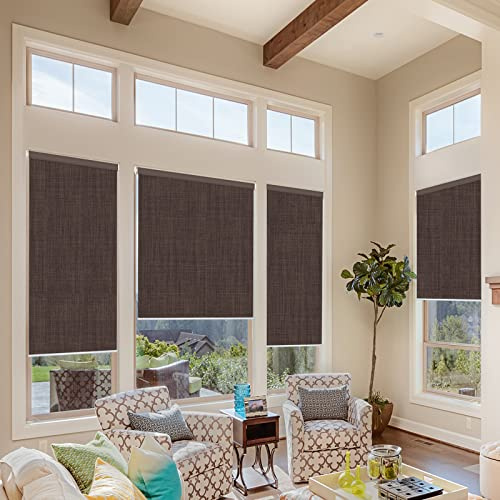 No Drill Inside Mount Blackout Roller Shades Custom No Tools Tension Window Blinds Premium Fabrics UV Protection Easy to Install for Office Living Room, Bedroom, Kitchen, Linen Coffee
