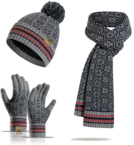 INSISMY Mütze Schal Handschuh Set Winter Weich Warm Pelzgefütterte Bommelmütze Langer Schal und Touchscreen Handschuhe Set 3-teiliges Retro Schneeflockenmuster Gestrickte Damen Unisex