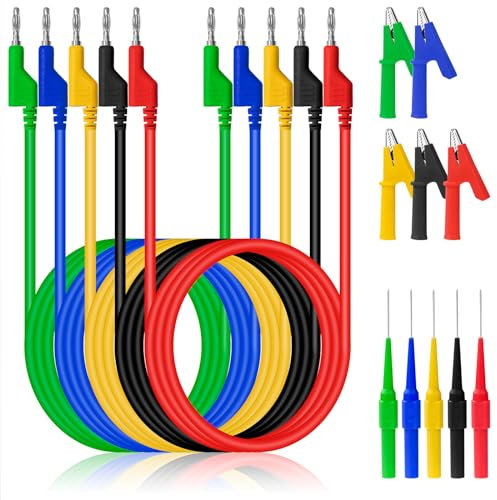 QIMEI-SHOP Messleitungen Set 4mm Bananenstecker Kabel mit Krokodilklemmen Testsonde 1m Multimeter Kabel für Digital Multimeter Spannungsprüfer 5 Farben 15 Stück