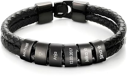 bijuuu Lederarmband Herren – Echtleder Armband mit Namen – Flechtarmband aus Leder inklusive Gravur – Namensarmband personalisiert – Geschenke für Männer – Edelstahl – Black Beads