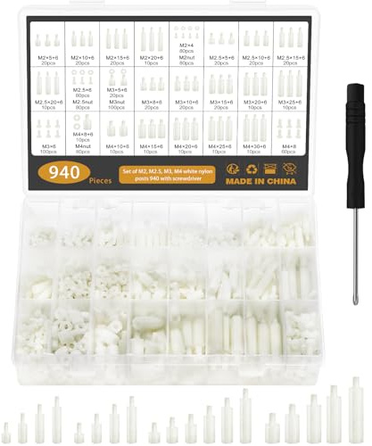 Gueenky 940 Piezas Standoff Tornillos Nylon, M2 M2.5 M3 M4 Junta Espaciador Placa Base separadores Tornillos Espaciador, Blanco Macho Hembra Tornillo Tuerca Espaciador para PCB Mainnboard Reparación