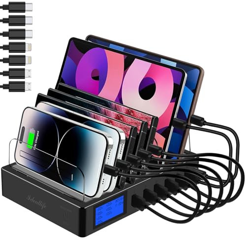 ideallife Stazione di ricarica per più dispositivi per 7 porte, caricatore USB veloce con tipo C PD20W QC3.0, docking station desktop 70W compatibile con iPhone, iPad, Samsung, smartphone i13