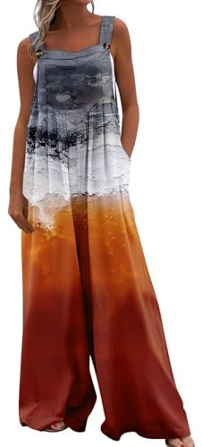 Azruma Festival Outfit Damen, Gym Outfit Damen Set Buisnesskleidung Frauen Frauen Casual Drucken Ärmelloser Weite Bein Jumpsuit Mit Tasche Maleroverall Overall Damen Elegant Hochzeit(2-Gray,XXL)