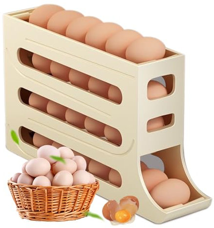 Dispenser per Uova a Rotazione Automatica, Organizer Scaffali per Uova, Automatico Rotolante Contenitore di Uova, Portauova Salvaspazio, per Frigorifero, Cucina, Tavolo (Beige)