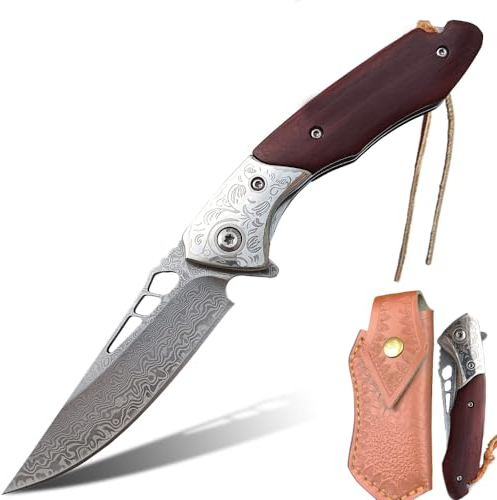 MIWOOHO Klappmesser Damast Taschenmesser Damastmesser mit ClipDamaststahl Klinge, Holzgriff, Flipper, Messerscheide Leder Angelmesser Scharf Einhandmesser EDC Messer für Outdoor Camping Jagd Survival