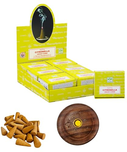 Satya Citronella-Räucherkegel, volle Packung mit 12 Stück, mit DHS Kegelhalter, verwendet für Aromatherapie, Spa, Yoga, Hochzeiten, Reiki, Meditation, Heilung von DHS..