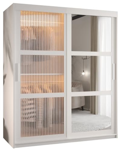 ABIKSMEBLE Flutes 2 Armoire à Deux Portes Coulissantes avec Miroir, Barres et Étagères - Armoire de Rangement pour Salon - Façades en Verre Flûté - 200x150x62 cm - Blanc, Blanc, Argent